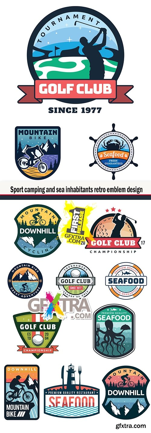Sport camping and sea inhabitants retro emblem design