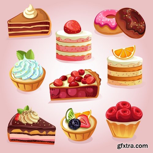 Sweetness cake pizza sushi set icon 14 EPS