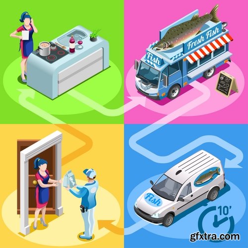 Isometric infographics food delivery service business illustration 9 EPS