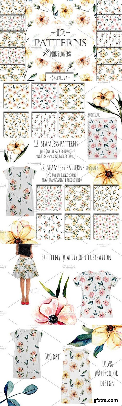 CM - Pink watercolor flowers 12 Patterns 1644812