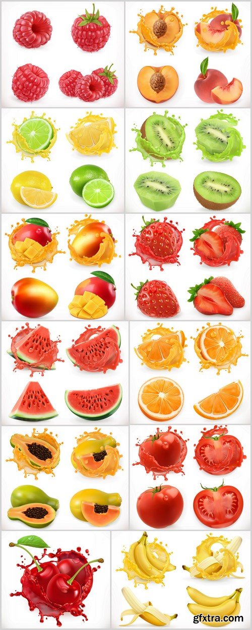 Fresh fruits and splash, 3d realistic vector icon 12X EPS
