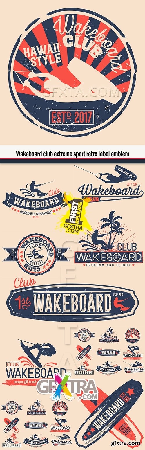 Wakeboard club extreme sport retro label emblem