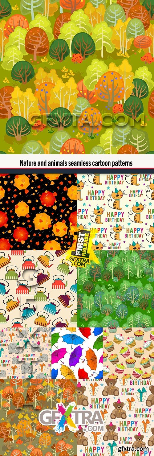 Nature and animals seamless cartoon patterns