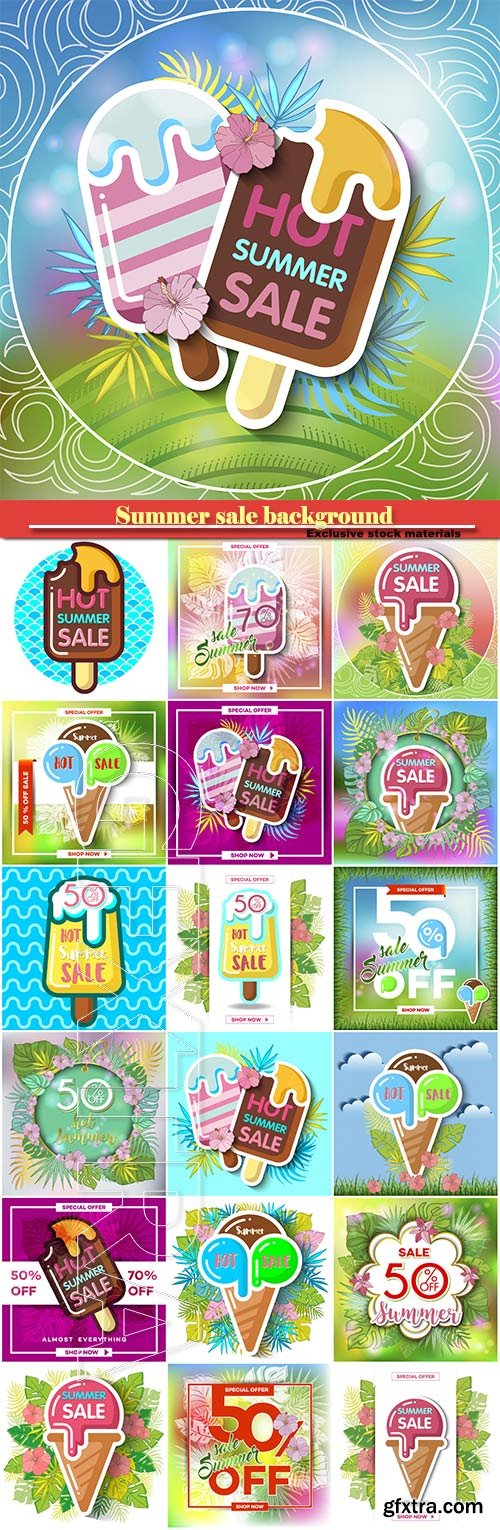 Summer sale background with tropical palm leaves and ice-cream