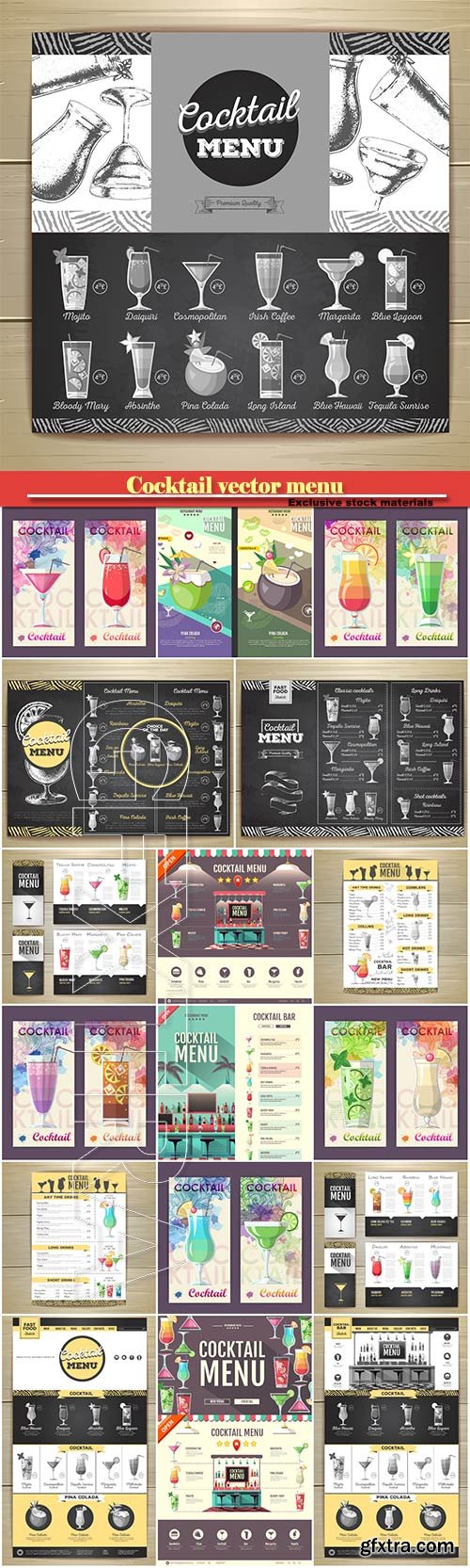 Cocktail vector menu, flat cocktail design on decorative watercolor background