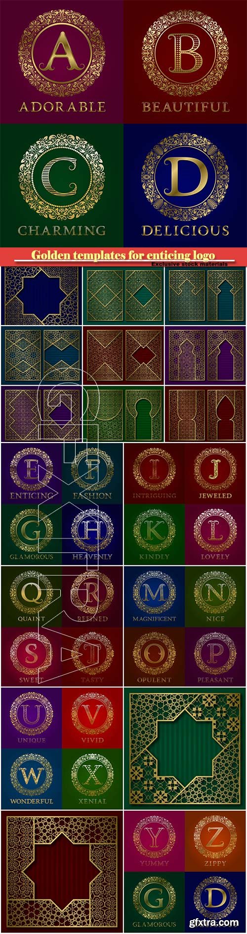 Golden templates for enticing, fashion, glamorous, heavenly logos, vector monograms set