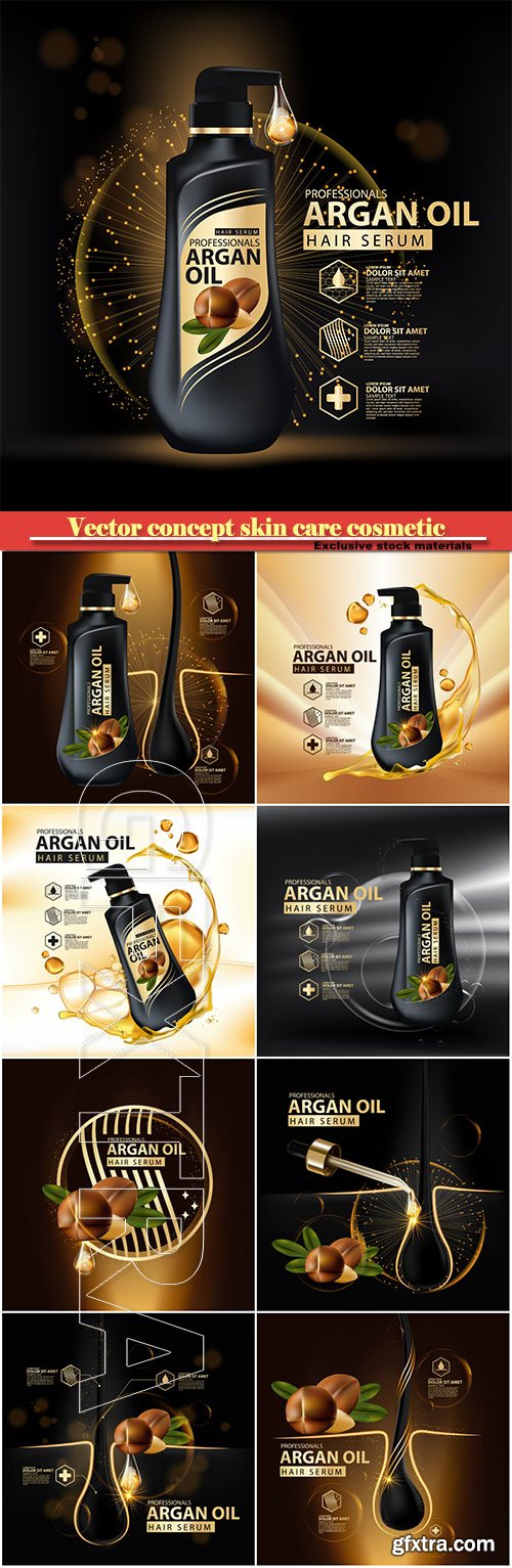 Argan oil hair care protection contained in bottle, golden and black background 3d illustration