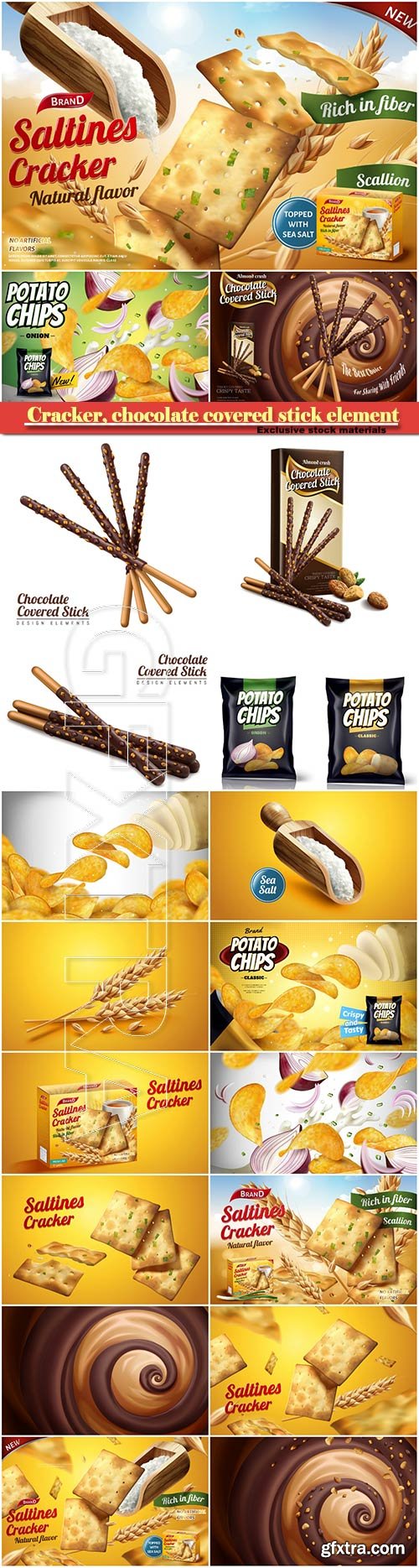 Saltines cracker ads, chocolate covered stick element, potato chip ads