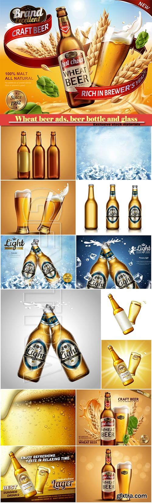 Wheat beer ads, beer bottle and glass with splashing beer and ingredients