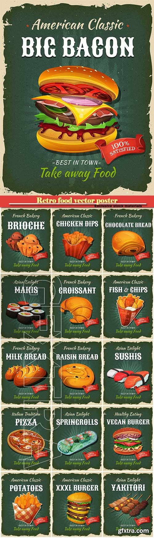 Retro food vector poster, burger, sushi, chicken-dips, pizza