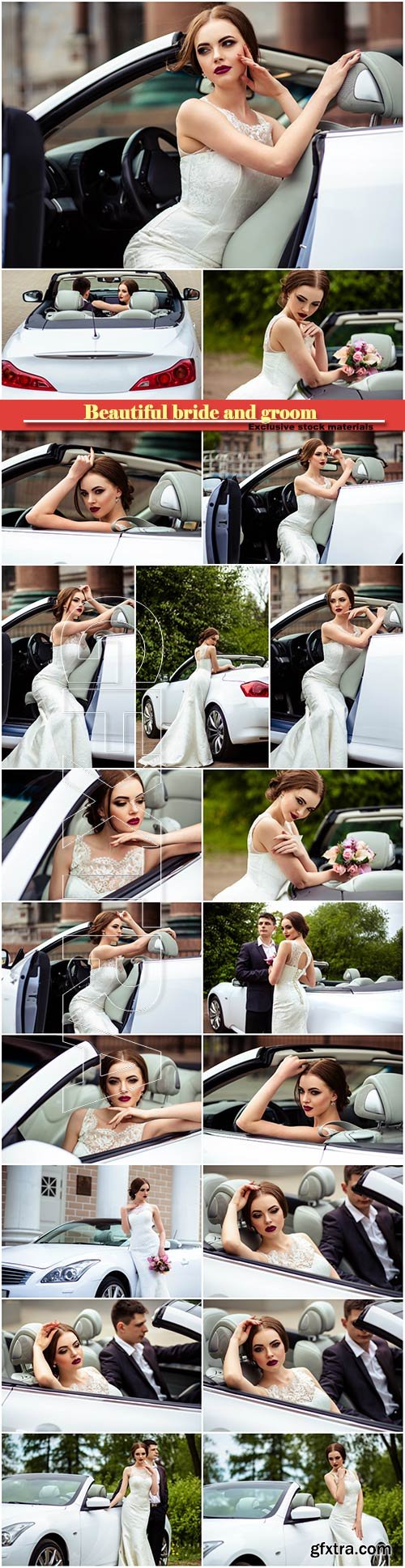 Beautiful bride and groom near the wedding car