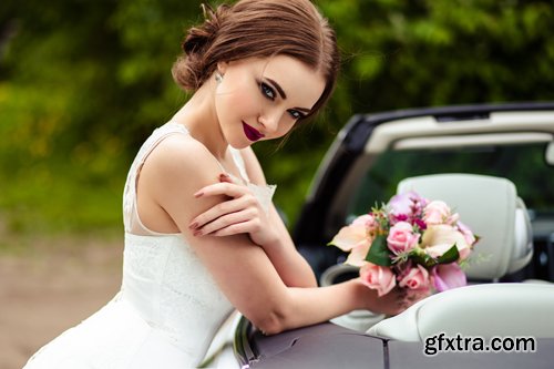 Beautiful bride and groom near the wedding car