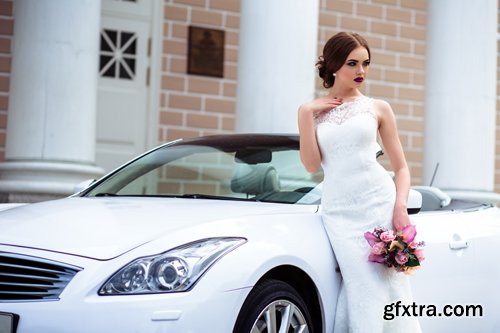 Beautiful bride and groom near the wedding car