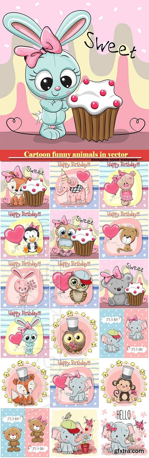 Cartoon funny animals in vector, owl, baby elephant, bunny