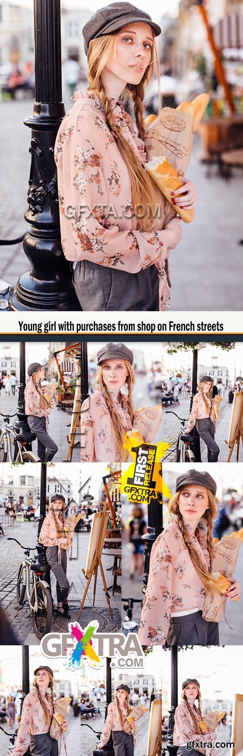 Young girl with purchases from shop on French streets