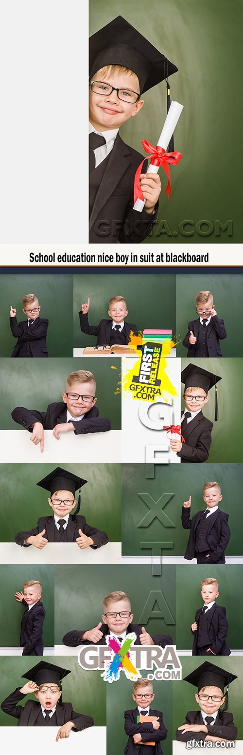 School education nice boy in suit at blackboard