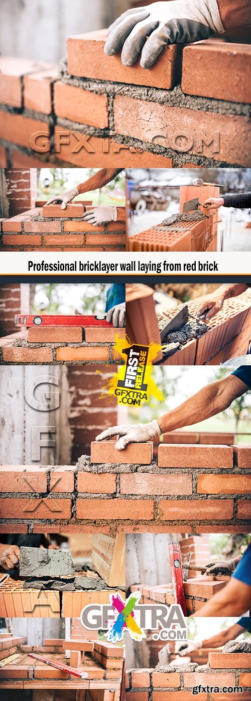 Professional bricklayer wall laying from red brick