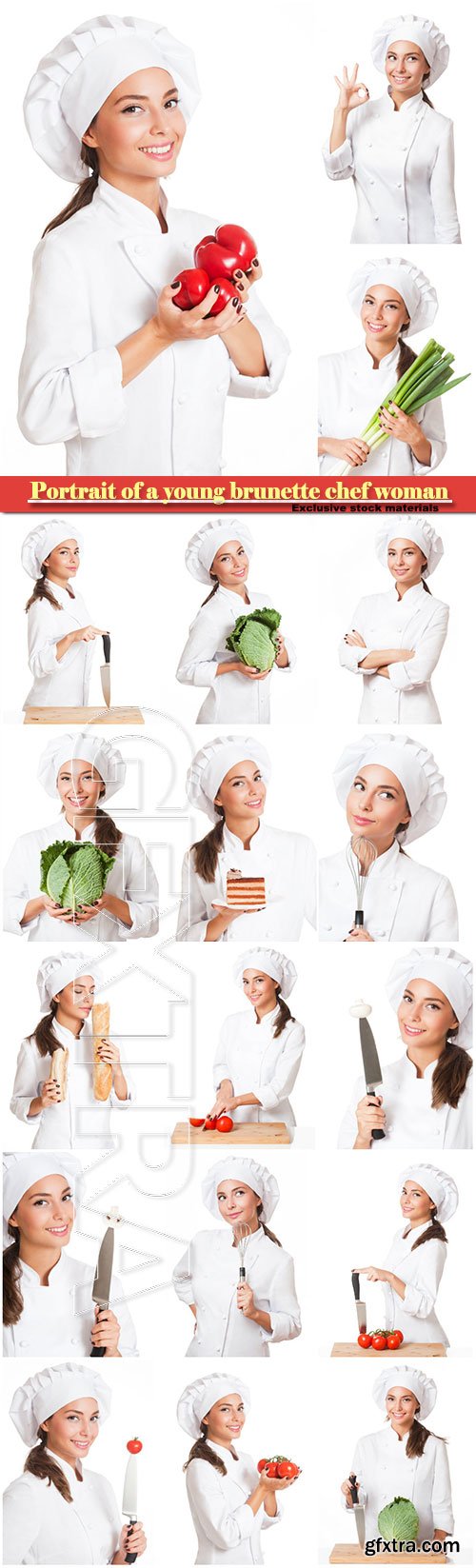 Portrait of a young brunette chef woman isolated on white background