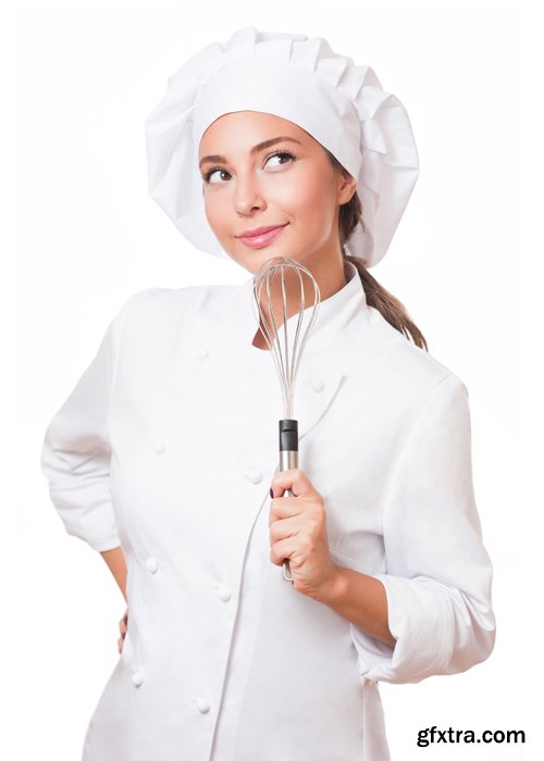 Portrait of a young brunette chef woman isolated on white background ...