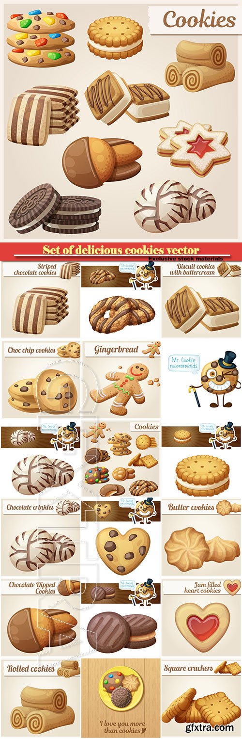 Set of delicious cookies, vector food sweet icons