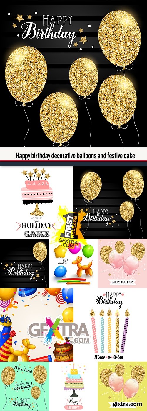 Happy birthday decorative balloons and festive cake