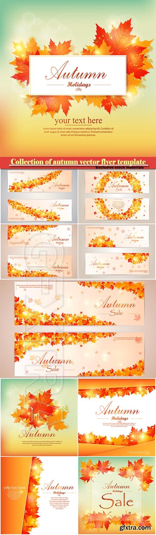 Collection of autumn sale and vector flyer template with lettering, bright fall leaves