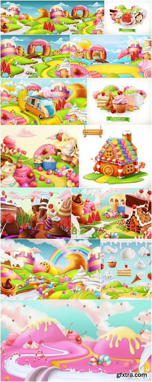 Sweet landscape Candies and milk river 3d vector background