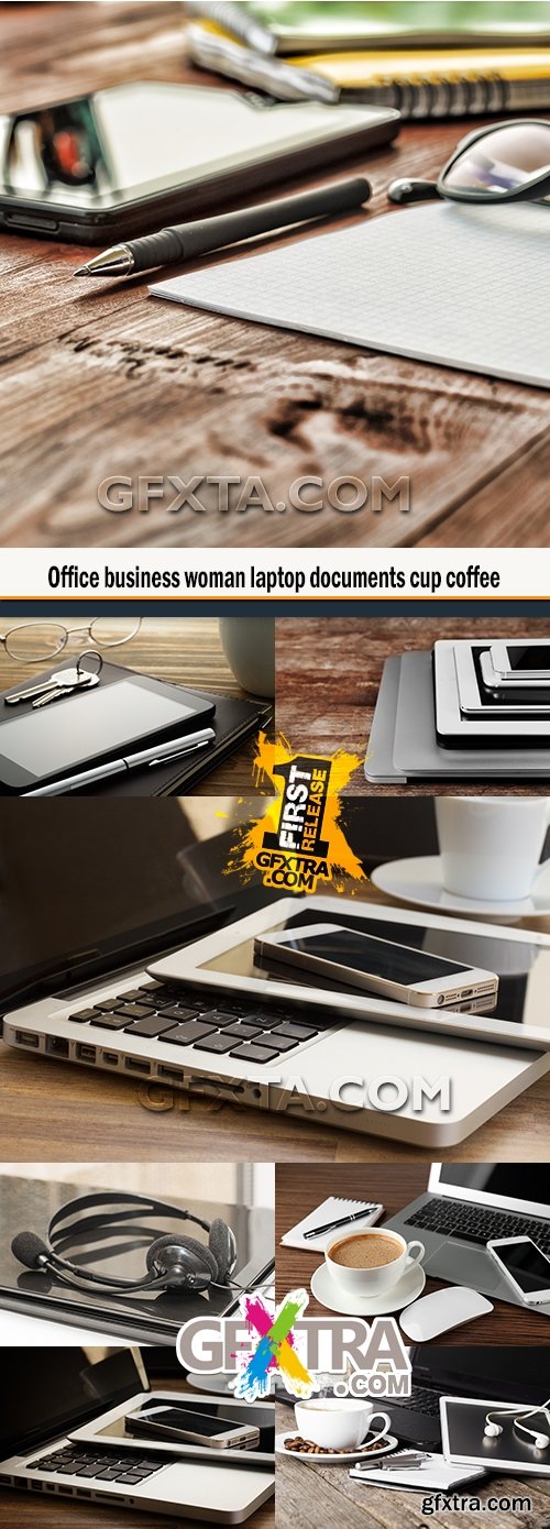 Office business woman laptop documents cup coffee