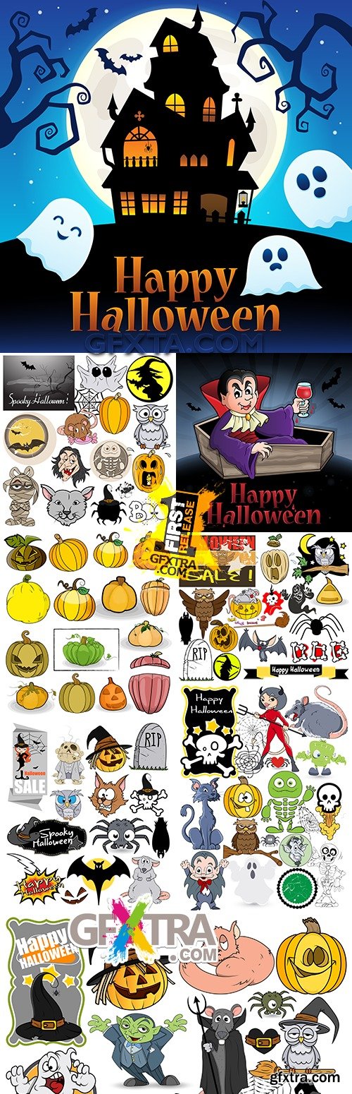 Happy Halloween holiday monsters pumpkin cartoon illustration
