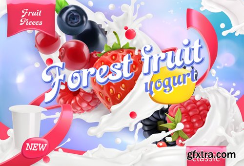 Fruit and berries yogurt vector, mixed berry and milk splashes, chocolate