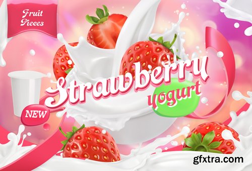 Fruit and berries yogurt vector, mixed berry and milk splashes, chocolate