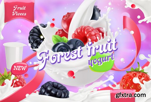 Fruit and berries yogurt vector, mixed berry and milk splashes, chocolate