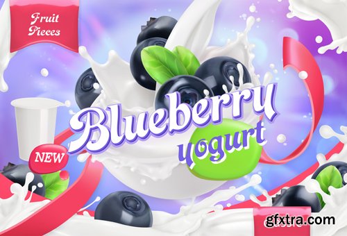 Fruit and berries yogurt vector, mixed berry and milk splashes, chocolate