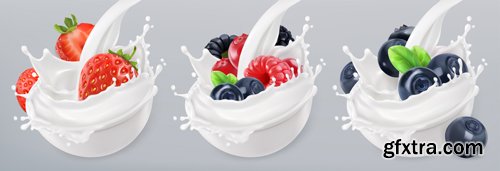 Fruit and berries yogurt vector, mixed berry and milk splashes, chocolate