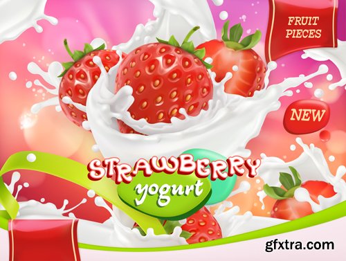 Fruit and berries yogurt vector, mixed berry and milk splashes, chocolate