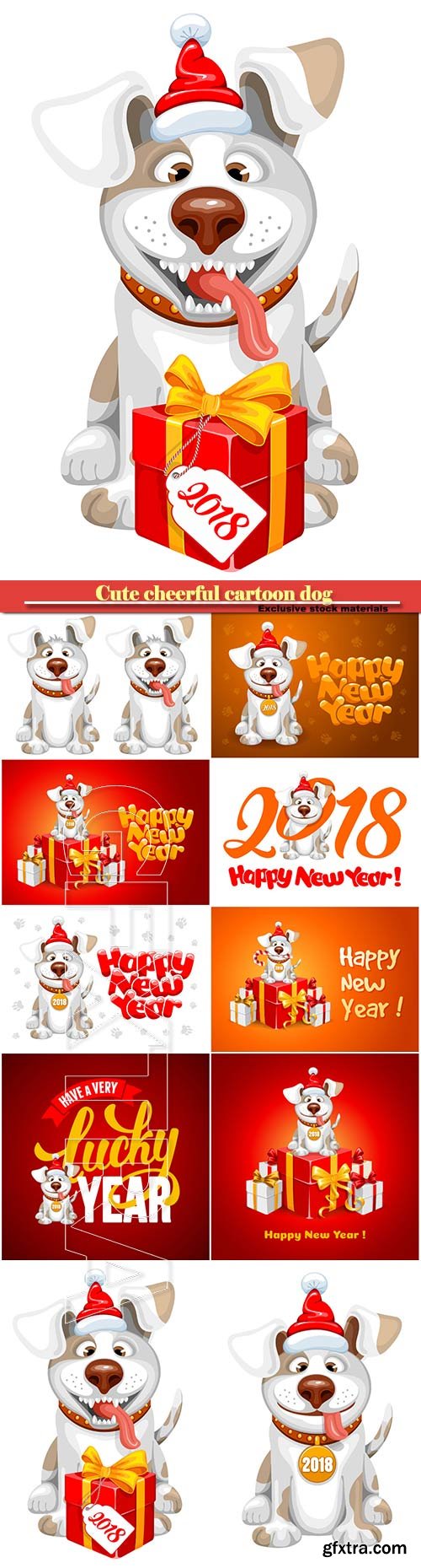 Cute cheerful cartoon dog, symbol 2018 year, Christmas and New Year vector greeting   card