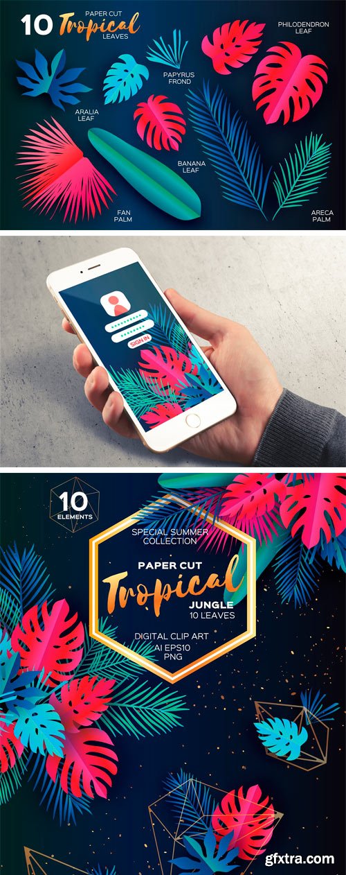 CM - TROPICAL JUNGLE. 10 PAPER CUT LEAVES 1715469