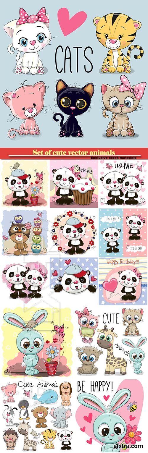 Set of cute animals, pandas, cute cats