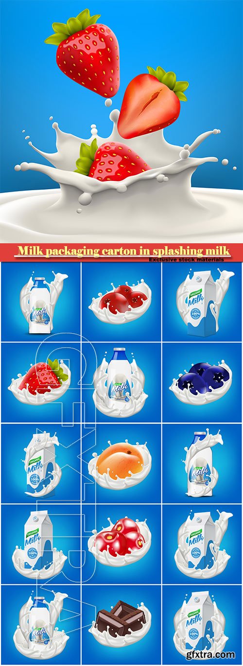 Milk packaging carton in splashing milk, fruit and berries in splashes of milk