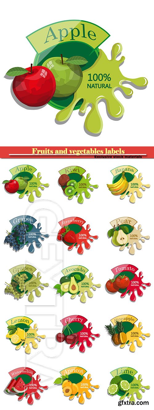 Fruits and vegetables labels in vector fresh natural juices