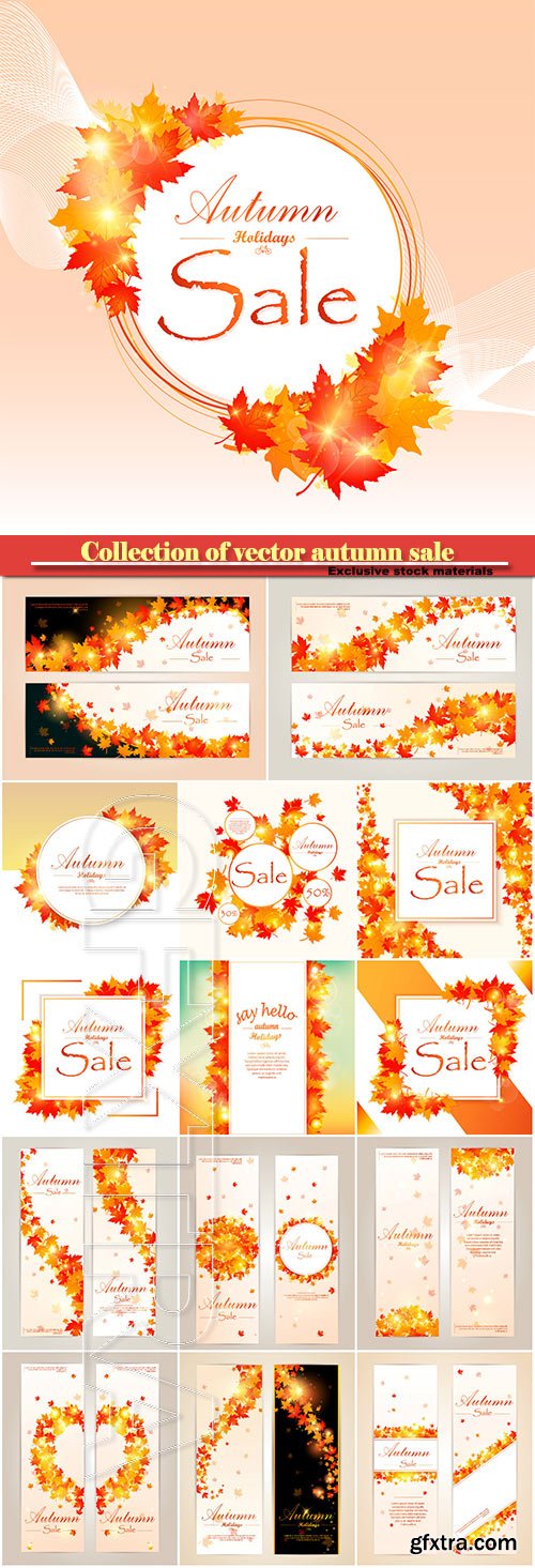 Collection of vector autumn sale and flyer template with lettering, bright fall leaves