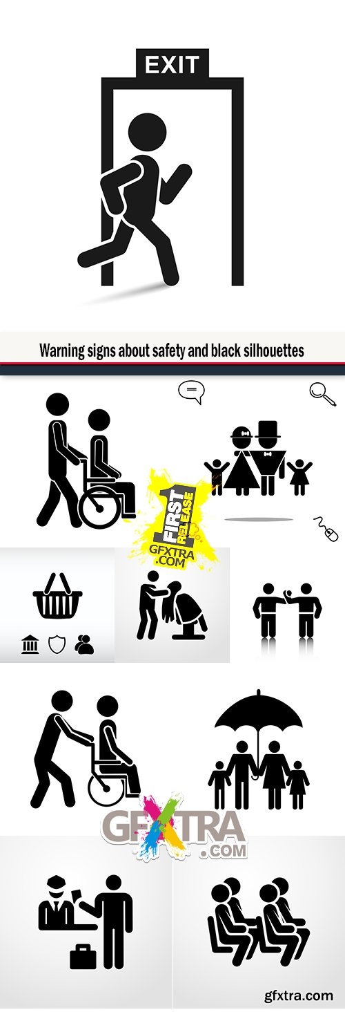 Warning signs about safety and black silhouettes