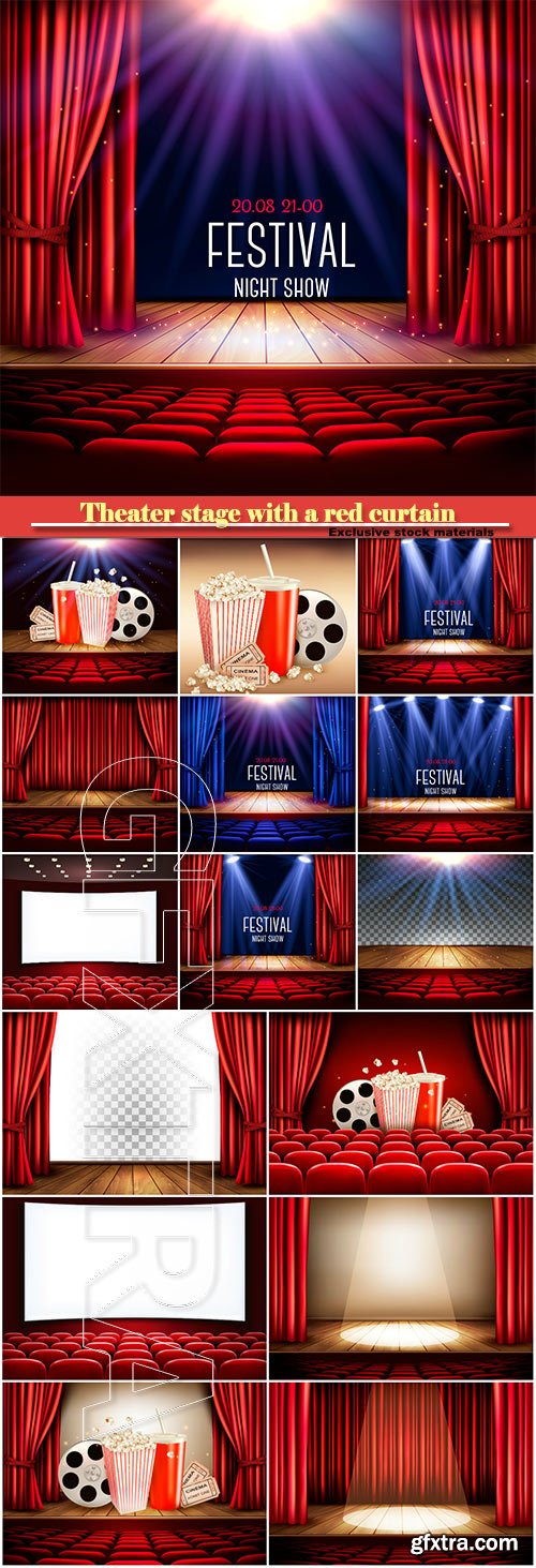 Theater stage with a red curtain and a spotlight