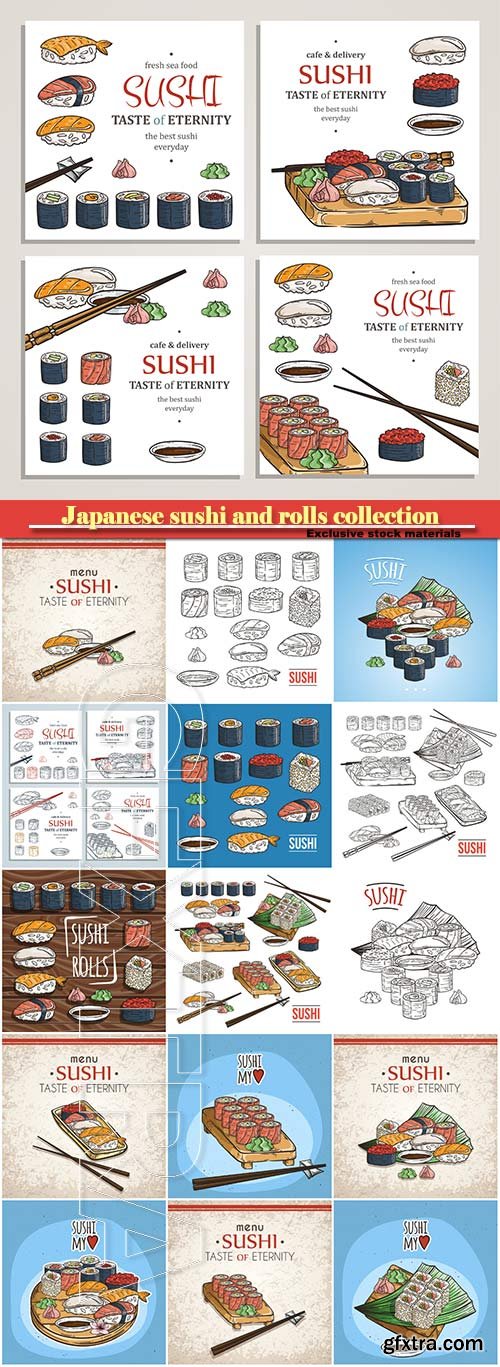 Japanese sushi and rolls collection, traditional fresh seafood, asia cuisine delicious