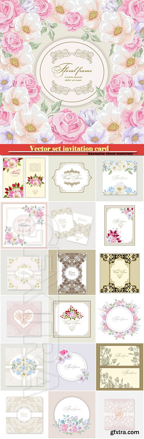 Vector set invitation card with lace decoration for wedding, birthday, Valentine\'s day