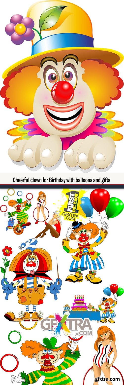 Cheerful clown for Birthday with balloons and gifts