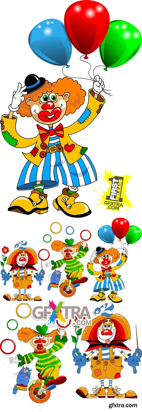 Cheerful clown for Birthday with balloons and gifts