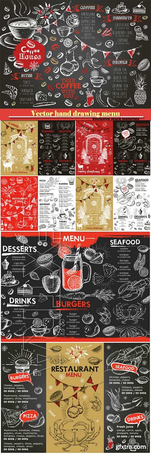 Vector hand drawing menu desserts, fast food, seafood, drinks