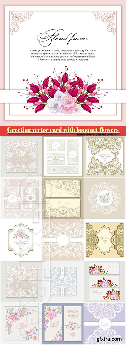 Greeting vector card with bouquet flowers for wedding, birthday and other holidays