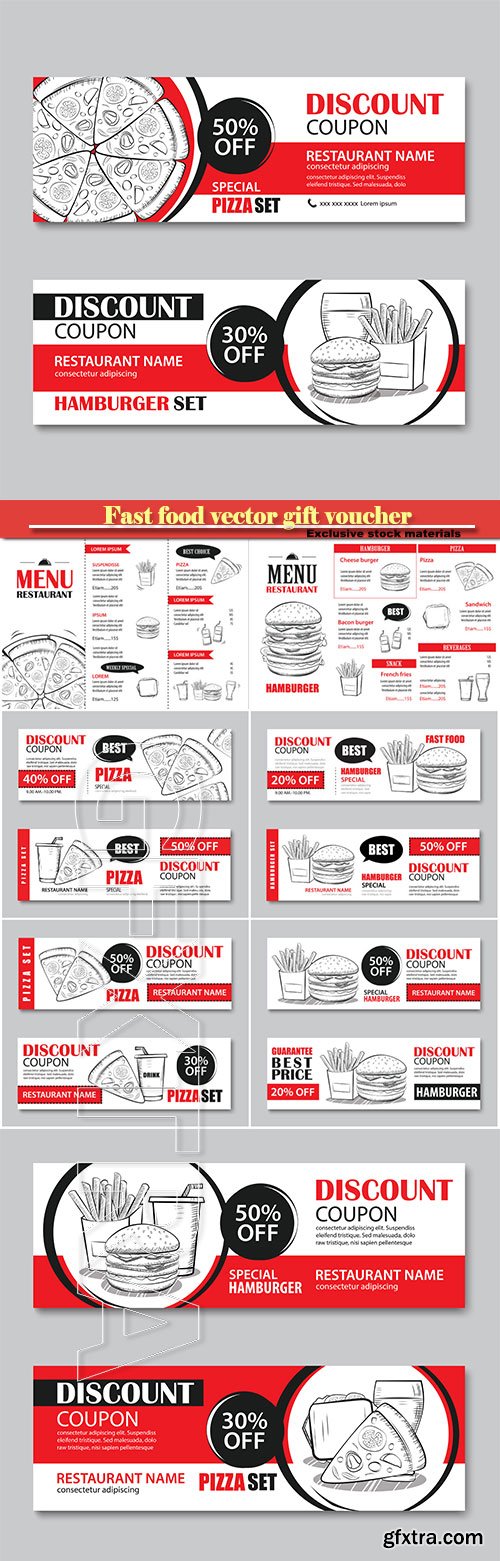 Fast food gift voucher and coupon sale discount template flat design, vector set of hamburger, french fries, sandwich, pizza  hand drawn background